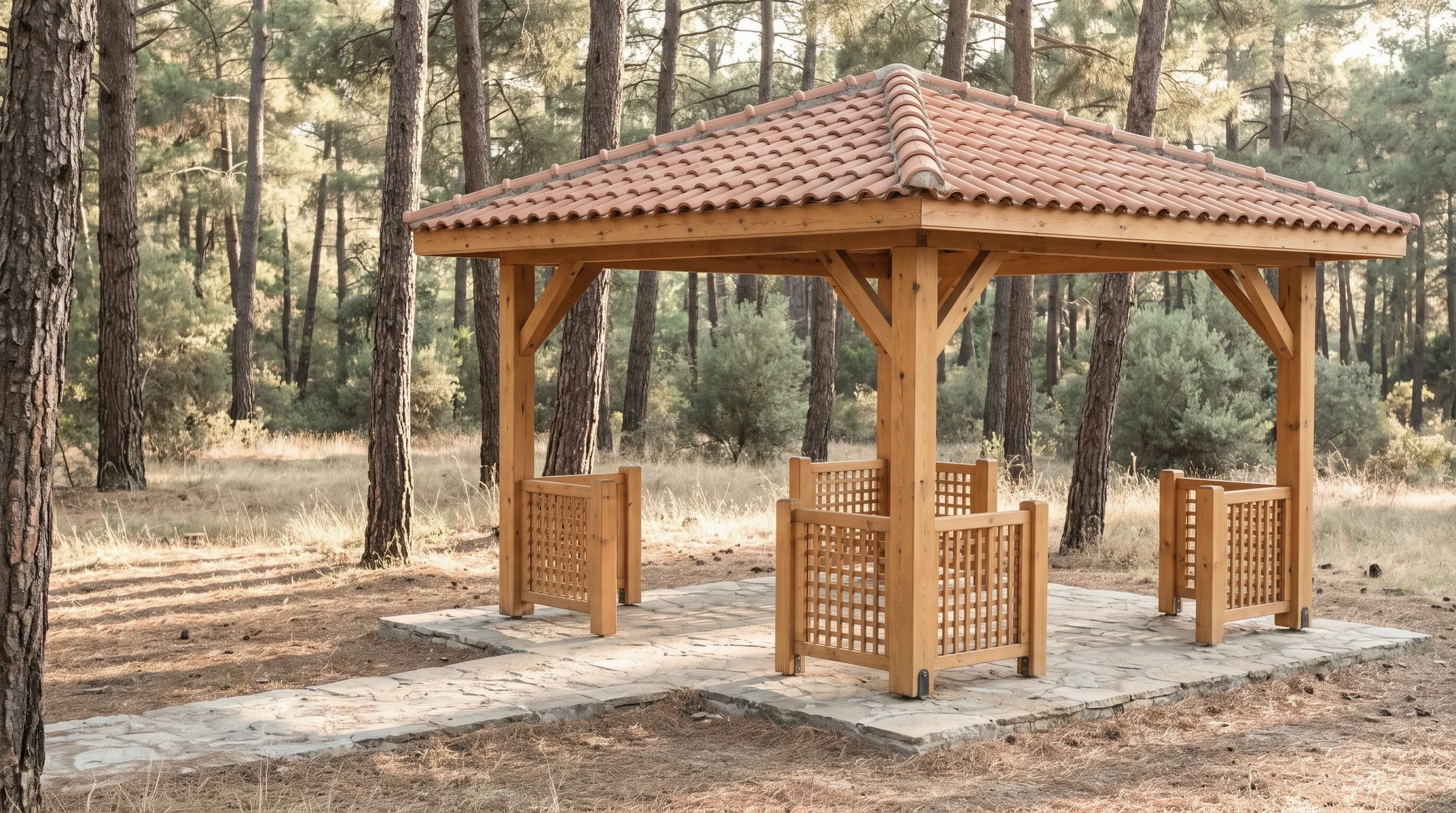 Çam korusunda kiremit çatılı ahşap kamelya; kare lata dolgu panelleri ve doğal taş platform