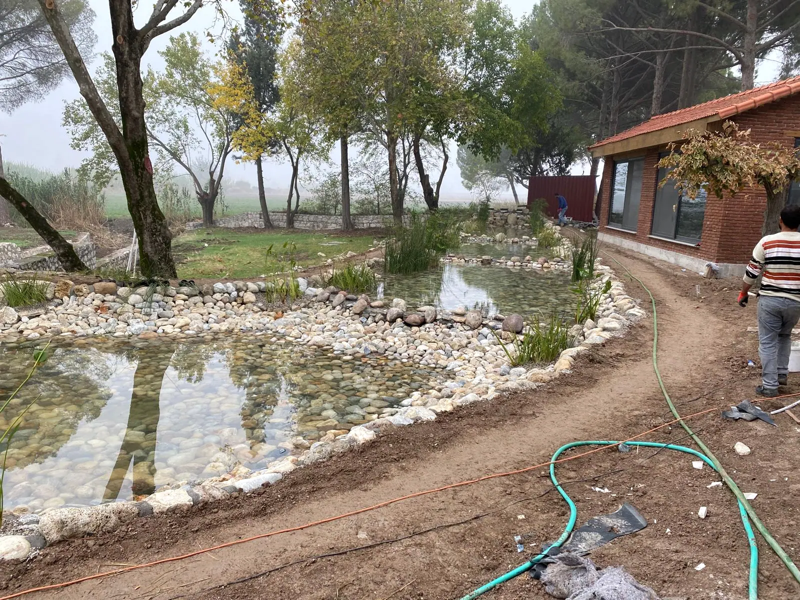 Dere taşı kaplı süs havuzu, su bitkileri ve tuğla duvarlı bahçe yapısı, sisli hava